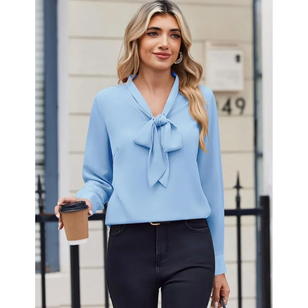 Women's Chiffon Blouse Long Sleeve V-Neck Bow Tie Casual Office Top
